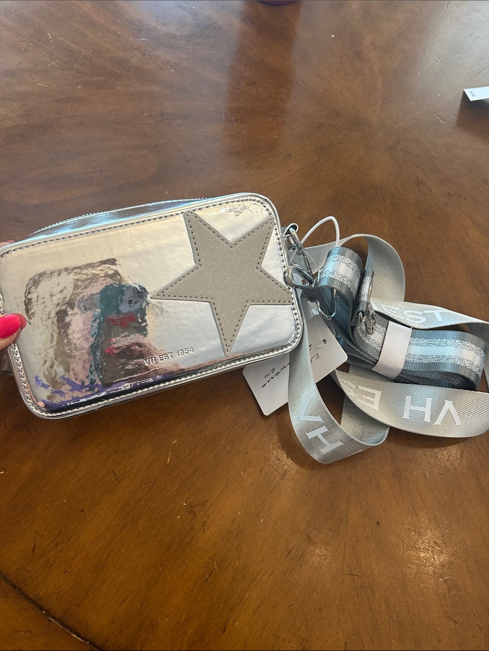 Vintage Havana Shiny Silver Star Crossbody Bag with Wide Logo Strap